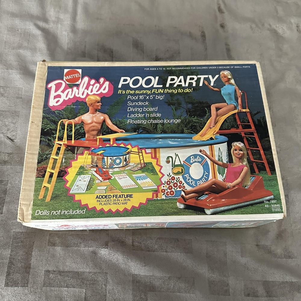 Vintage 1973 Barbie Pool Party Playset Mattel No 7897 Patio Mat Set‎ USA Toy